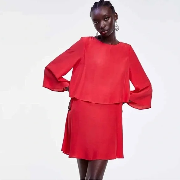 Zara Red Flair Sleeve With Overlay Flowy Dress Size Small Women’s - Picture 12 of 12